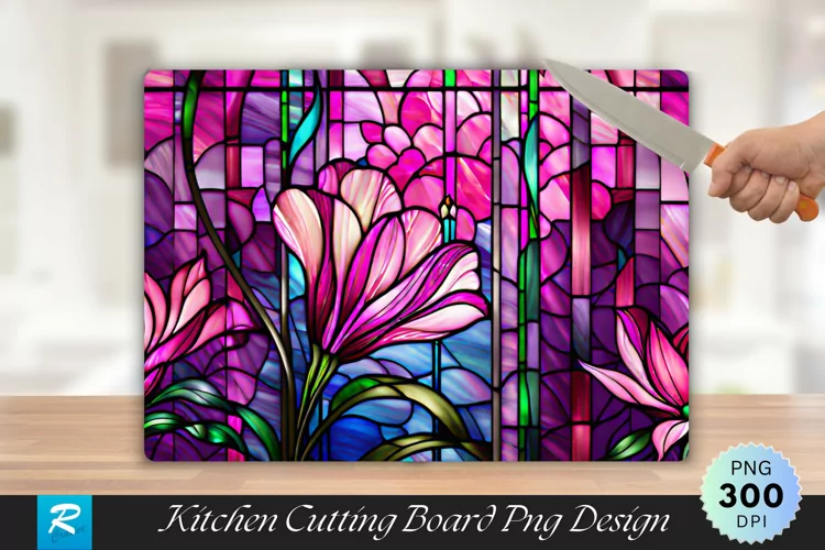 Pink Stained Glass Flowers Cutting Board Sublimation Design