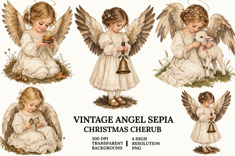 Vintage Angel Clipart, Sepia Cherub with Cat and Flowers PNG example image 1