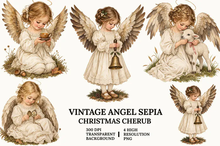Vintage Angel Clipart, Sepia Cherub with Cat and Flowers PNG