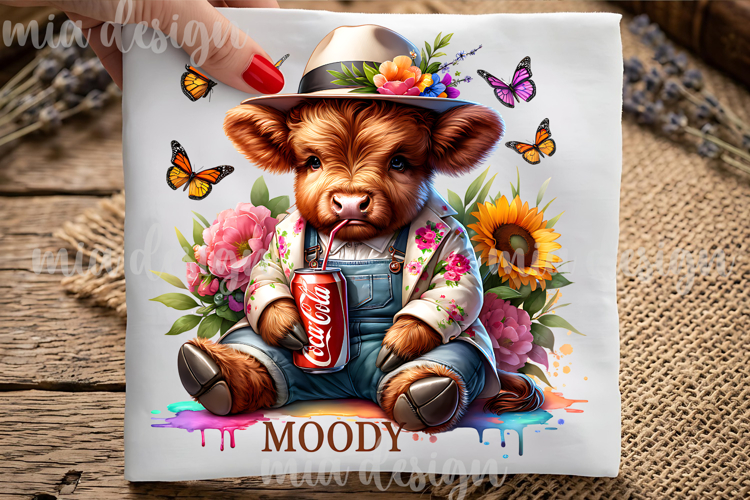 Moody Highland Cow PNG, Floral Soda Cup Sublimation