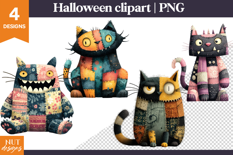 Cute Halloween Clipart Patchwork Halloween Cats PNG