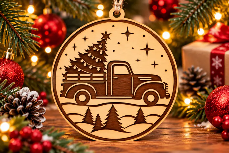 Vintage Christmas Truck Wooden Ornament Laser Cut Svg