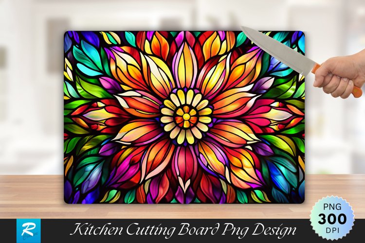 Colorful Stained Glass Flowers Cutting Board PNG Design example image 1