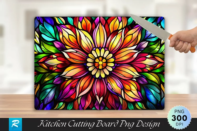 Colorful Stained Glass Flowers Cutting Board PNG Design