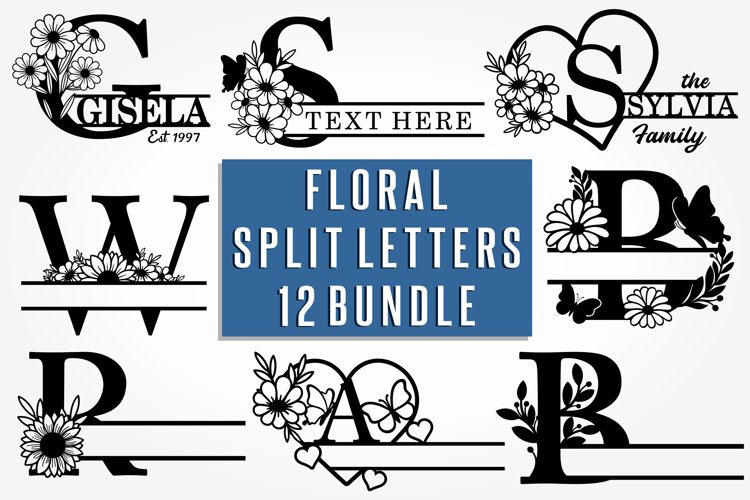 Floral Flower Monogram Split Letters SVG Cut Files Bundle