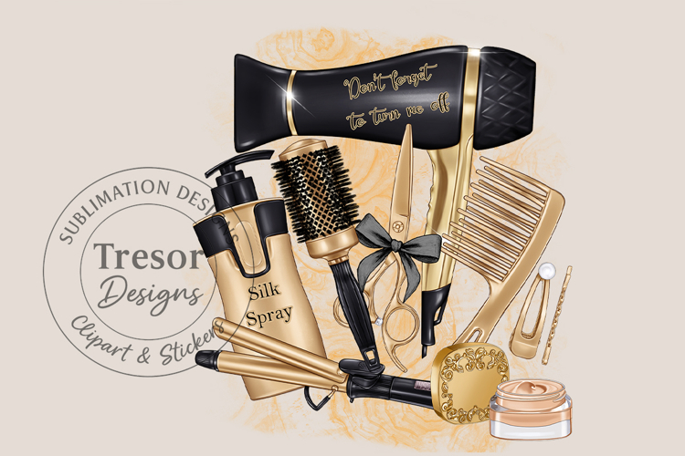 Black & Gold Hair Salon Sublimation PNG Beauty Tools Clipart