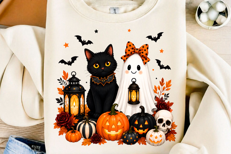 Cute Ghost Black Cat Halloween PNG Spooky Pumpkin