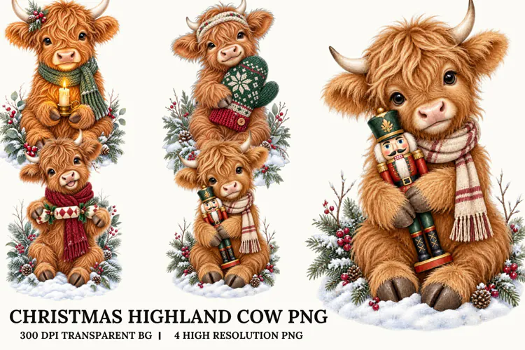 Christmas Highland Cow PNG Cozy Holiday Sublimation Design
