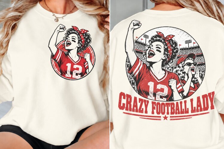 Crazy Football Lady Front Back PNG, Football Mom Chest Back example image 1