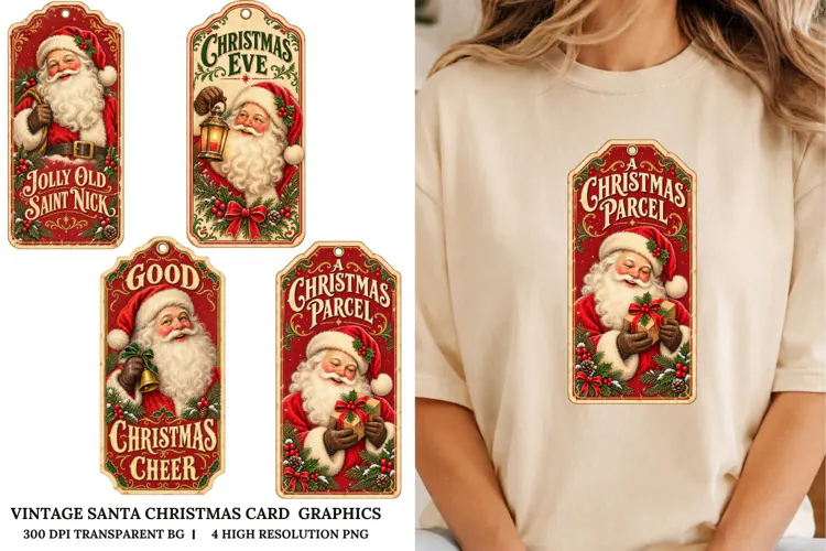 Vintage Santa Christmas Card PNG Retro Holiday Sublimation