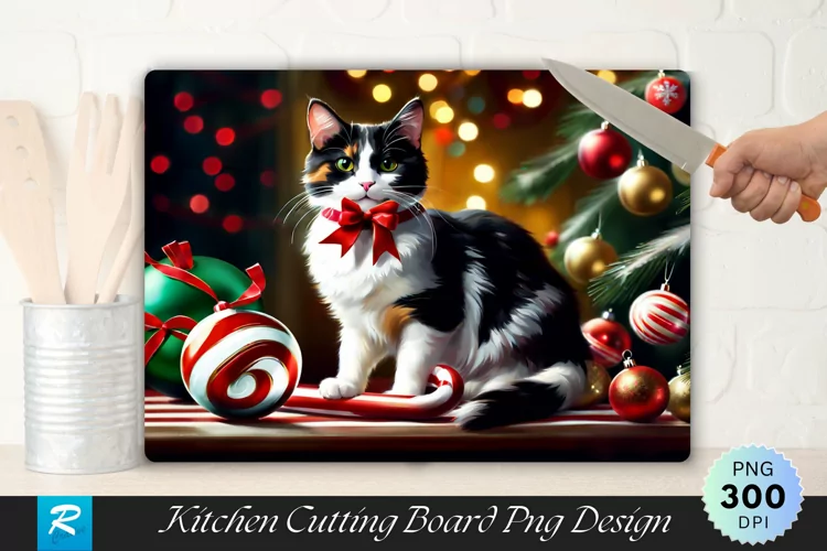 Festive Calico Cat with Candy Cane Cutting Board Sublimation