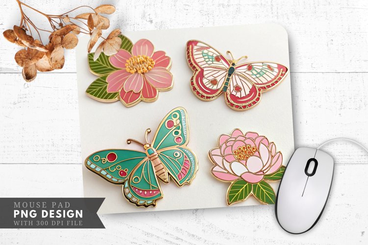 Butterfly Floral Enamel Pins Mouse Pad PNG Design example image 1