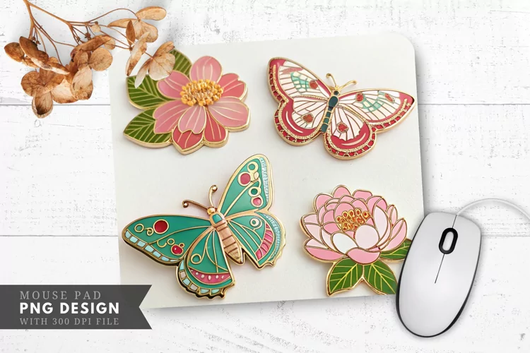 Butterfly Floral Enamel Pins Mouse Pad PNG Design