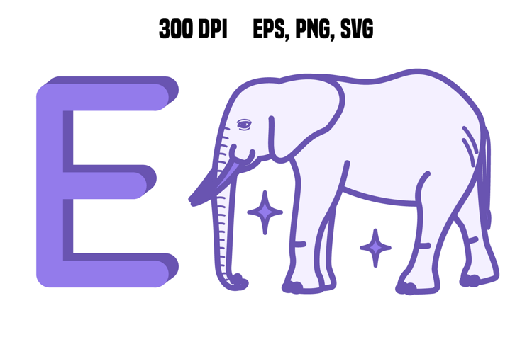 Purple Letter E and Elephant. Vector