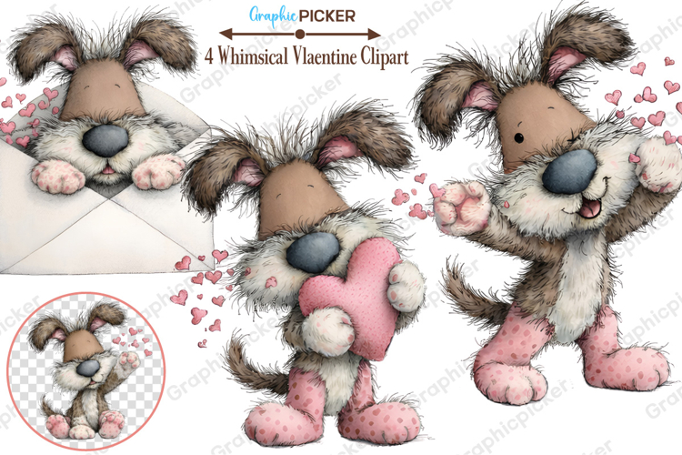 Whimsical Valentine Dogs Clipart, Valentines Day PNG