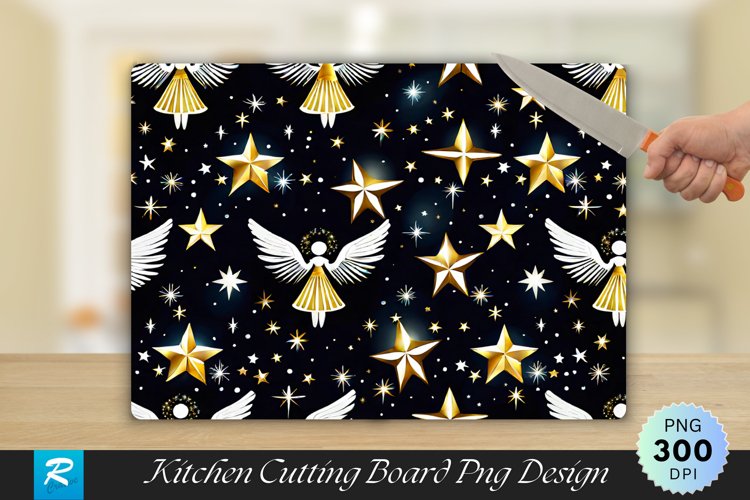 Angel and Star Pattern Dark Wood Cutting Board PNG Design
