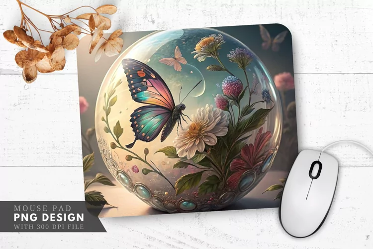 Butterfly and Floral Glass Art Mouse Pad PNG Design