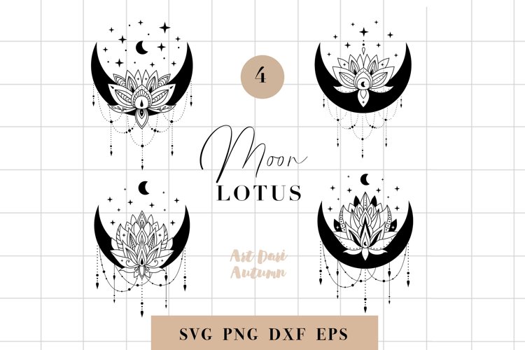Crescent moon with sparkling lotus flower SVG set
