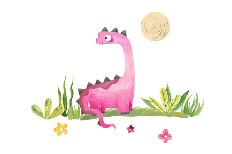 Cute watercolor pink long neck diplodocus dinosaur