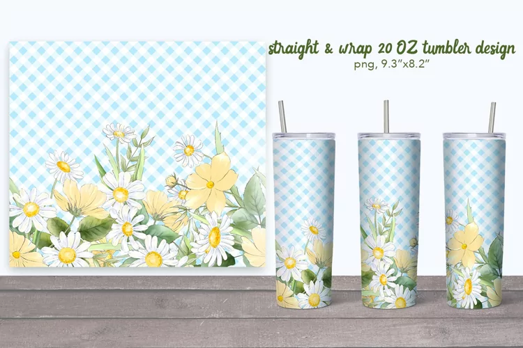 Summer tumbler with wildflowers with plaid. 20 oz tumbler