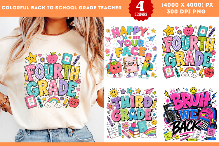 Colorful Back to School Grade Teacher Sublimation PNG