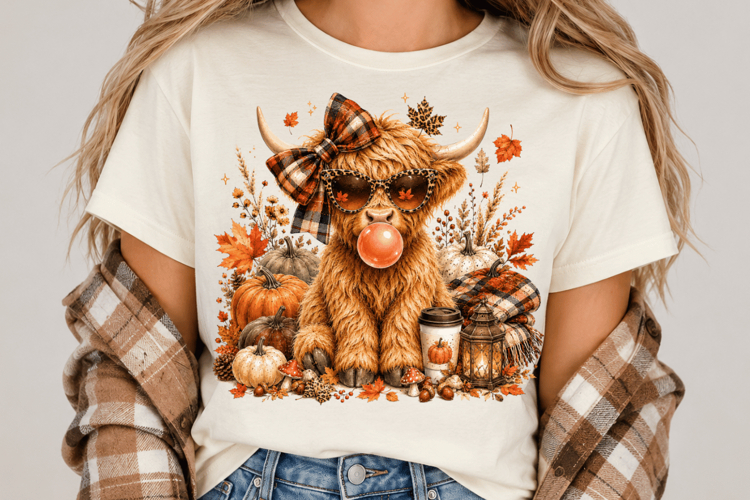 Highland Cow Fall PNG, Cute Autumn Cow Sublimation, Pumpkin