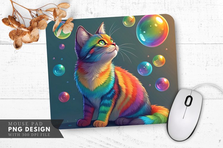 Rainbow Cat with Floating Orbs Mouse Pad PNG Design