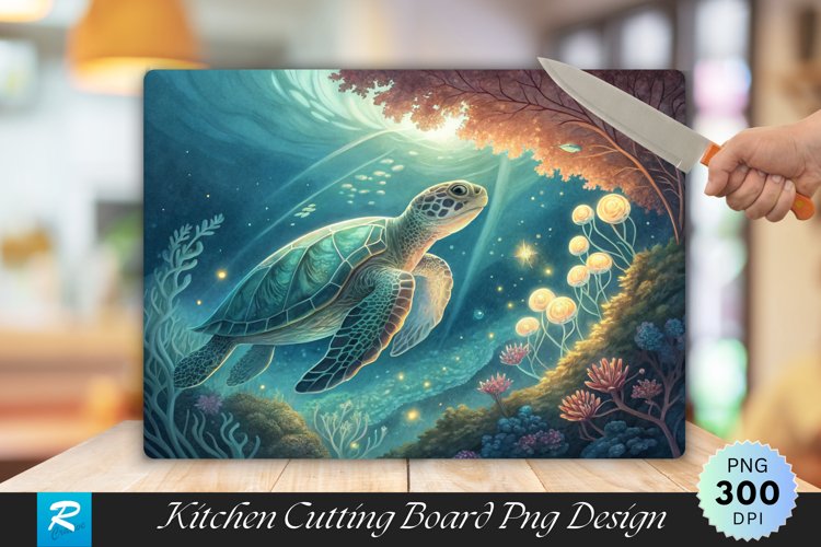 Turtle in Tranquil Waters with Glowing Cutting Board PNG