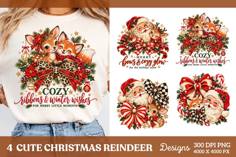 4 Christmas Reindeer Shirt PNG Designs, 4 Cute Reindeer Chri