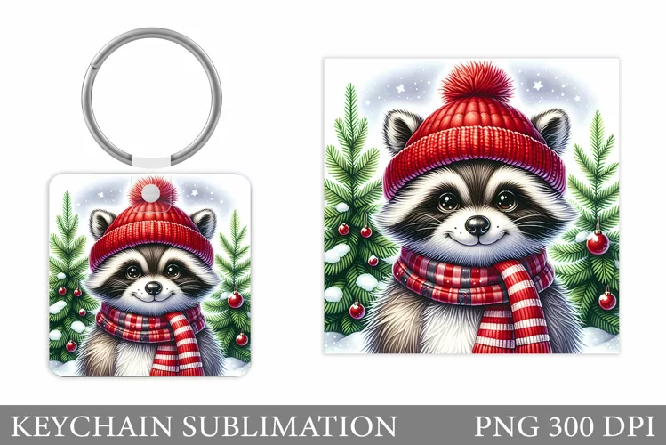 Christmas Raccoon Keychain. Christmas Keychain Sublimation