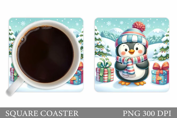 Cute Penguin Coaster Sublimation. Christmas Coaster Design