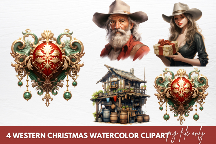 Western Christmas Watercolor Clipart Sublimation