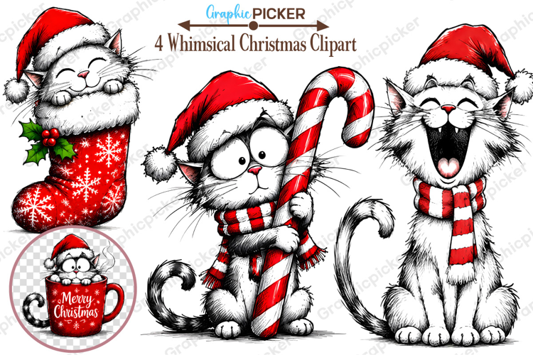 Whimsical Christmas Cats Clipart, Trending Christmas PNG