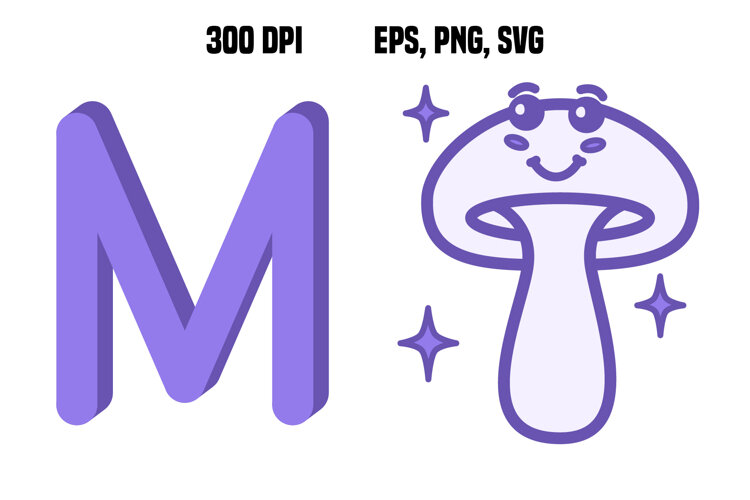 Purple Letter M and Mushroom. Vector example image 1