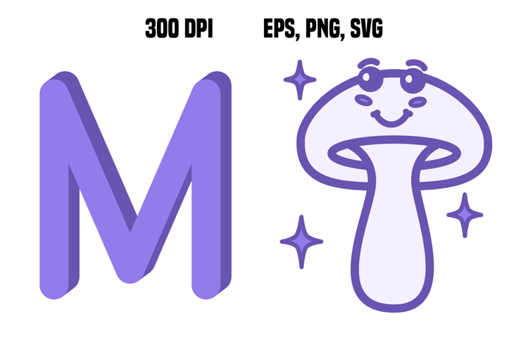 Purple Letter M and Mushroom. Vector