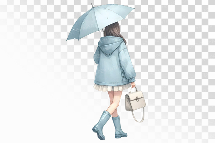 Child in Yellow Raincoat and Boots Under Umbrella PNG Summer