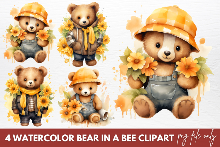 Watercolor Bear in a Bee Clipart