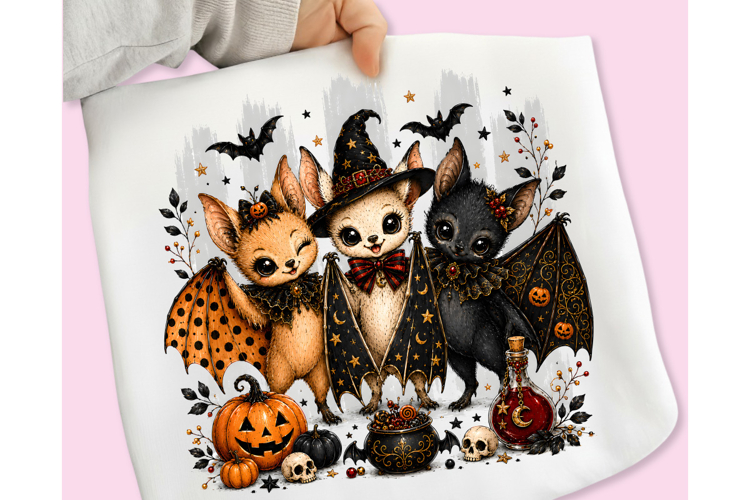 Cute Halloween Bats PNG, Coquette Bat Trio Sublimation, Bats example image 1