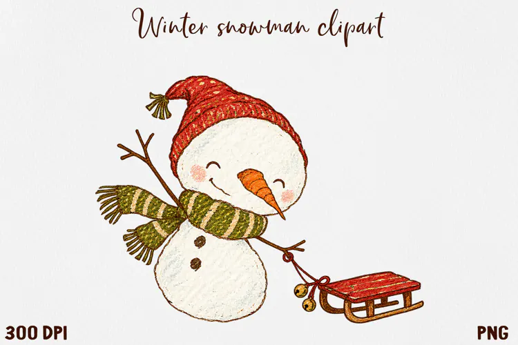 Cute Winter Snowman Clipart, Cozy Christmas Snowman PNG.