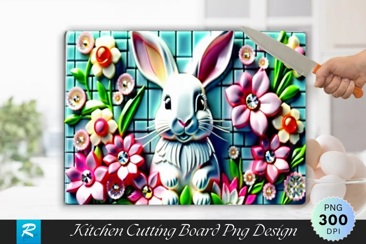 Rabbit With Flowers Cutting Board Sublimation Design