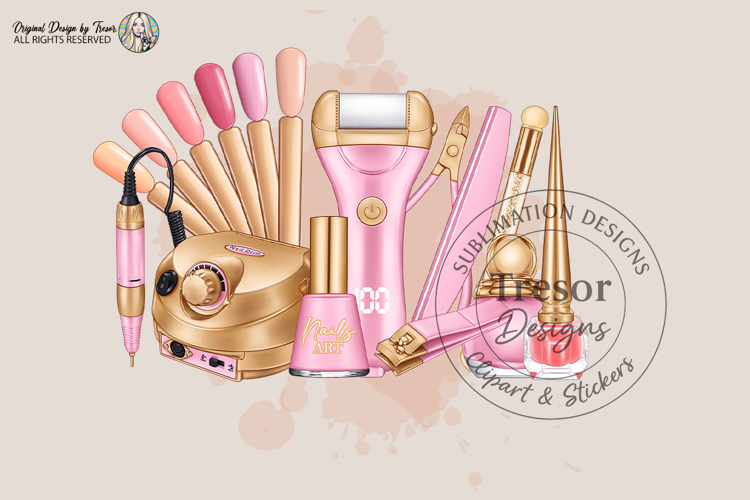 Nail Tech Sublimation PNG Pink Gold Beauty Tools Design