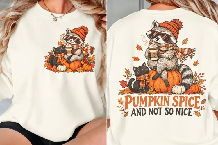 Pumpkin Spice Front Back Fall PNG, Raccoon Cat Chest Back Sh