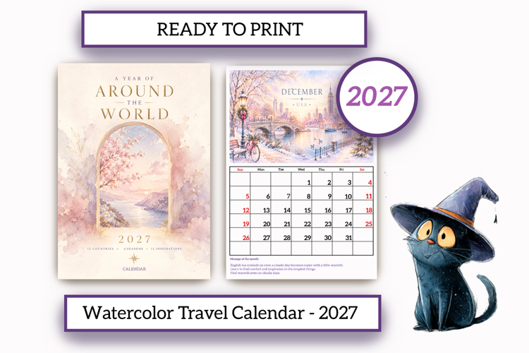 2027 Calendar - Around the World |Watercolor Travel Calendar