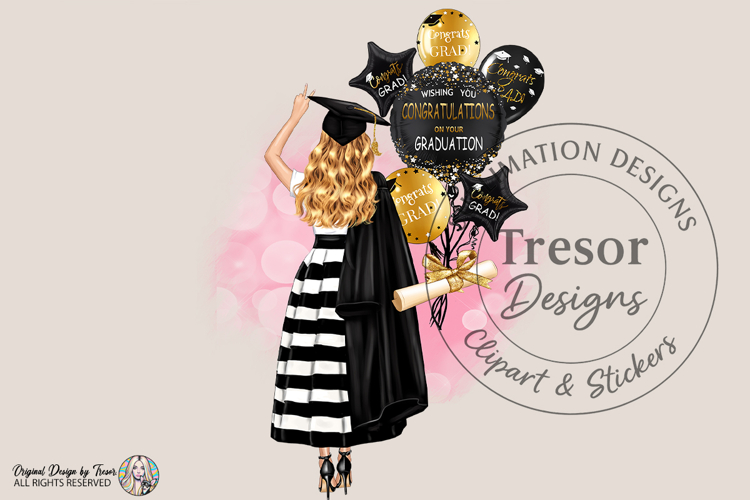 Graduation Girl PNG with Balloons Black Gold Glam Design PNG