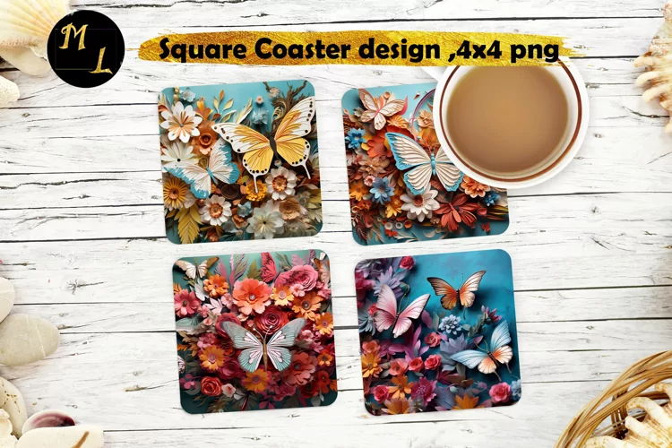 3d Butterflies Coaster design,Butterflies Square Coaster png
