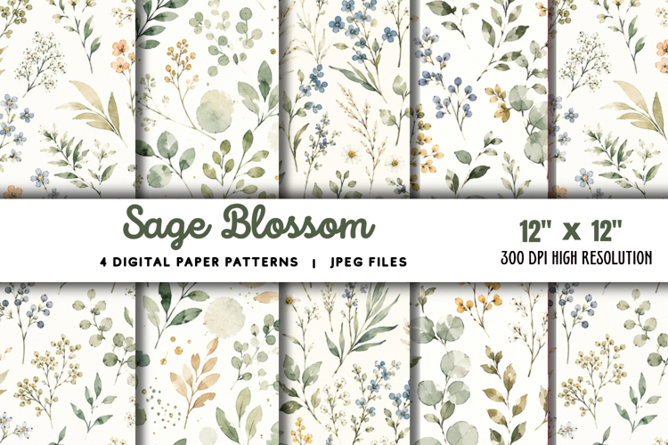 Sage Blossom Watercolor Digital Papers JPG