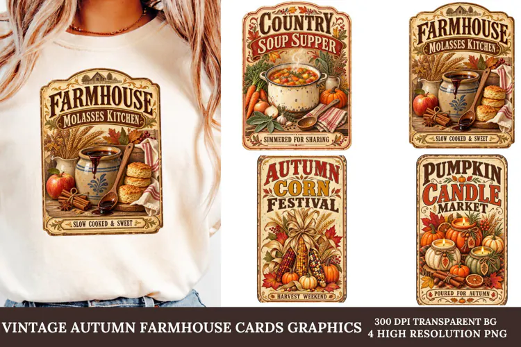 Vintage Autumn Farmhouse PNG Rustic Harvest Sublimation Art