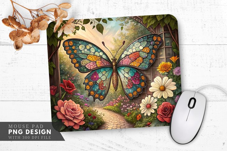 Butterfly Bloom Mosaic Art Mouse Pad PNG Design example image 1