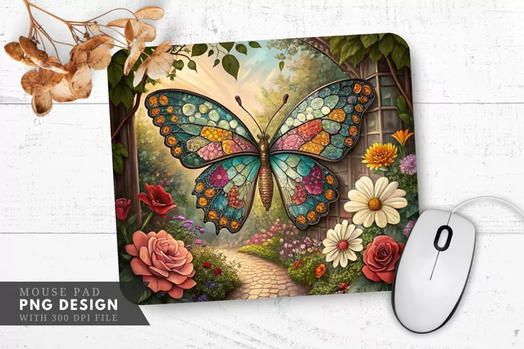 Butterfly Bloom Mosaic Art Mouse Pad PNG Design
