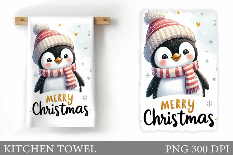 Cute Penguin Kitchen Towel. Christmas Kitchen Towel Design